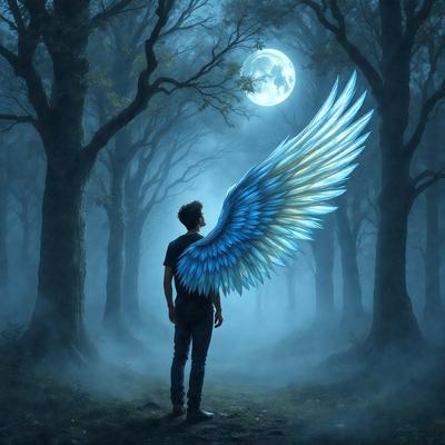 The primary subject of the image is a man with wings, standing in a forest at night. The setting is a dark, foggy forest with trees surrounding him. The visual style is a digital art or illustration, creating a surreal and mysterious atmosphere. The colors are predominantly dark, with the man's wings being the most prominent feature, giving the image a moody and enchanting mood.